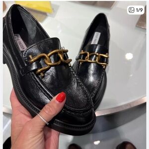 Steve Madden Black Loafers with Gold Chain Detail